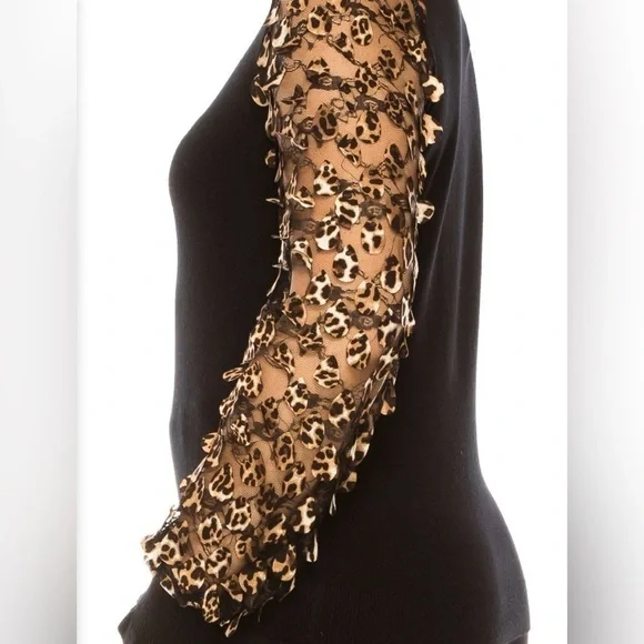 Sioni Leopard Lace Mesh Long Sleeve Ruffle Mock Neck Sweater Top Size Medium - Picture 6 of 8